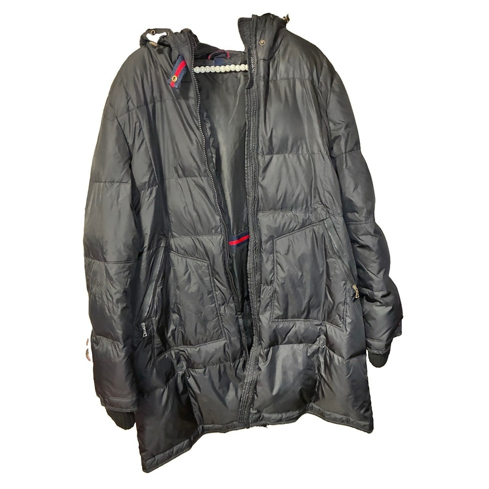 Tommy Hilfiger Women's XL Puffer Jacket Black Hooded Faux Fur Trim Winter Coat